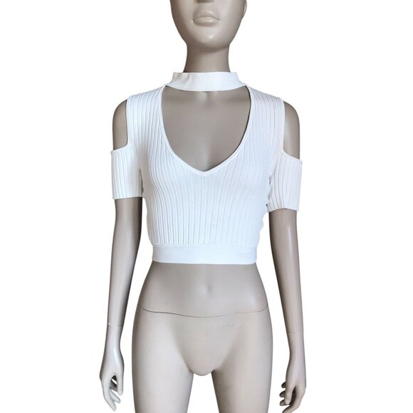 BCBGMaxazria White Ribbed Cutout Crop Top - Picture 2 of 5